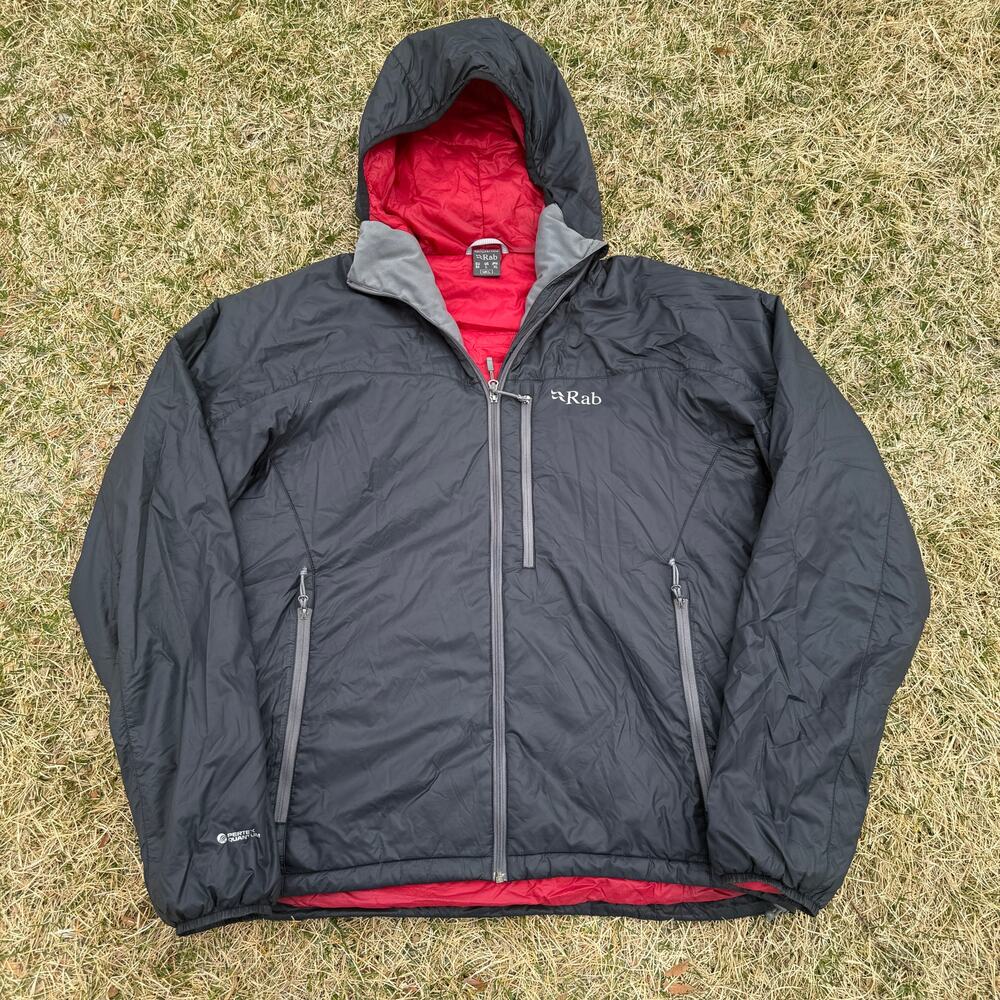 Men's Rab Black Red Xenon X Insulated Lightweight Hooded Zip Up Jacket Sz Large
